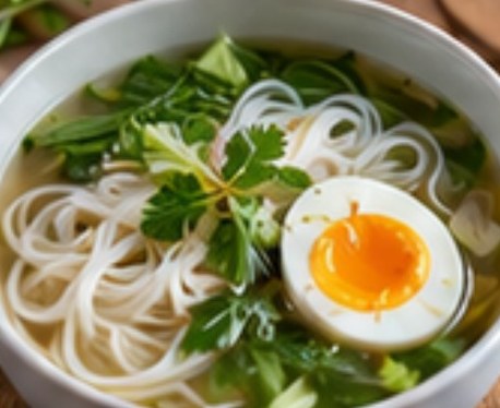 Bouillon, nouilles de riz & œuf