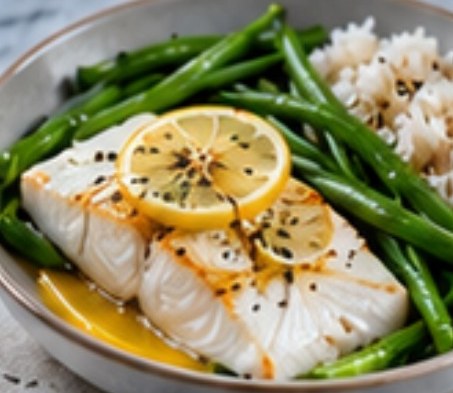 Poisson au citron, haricots verts & riz