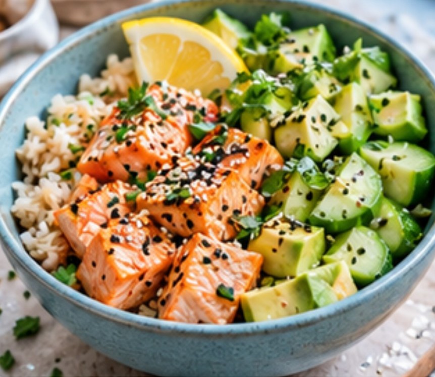 Bowl express saumon, riz, concombre, avocat & citron
