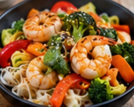 Wok de légumes, crevettes & nouilles de riz