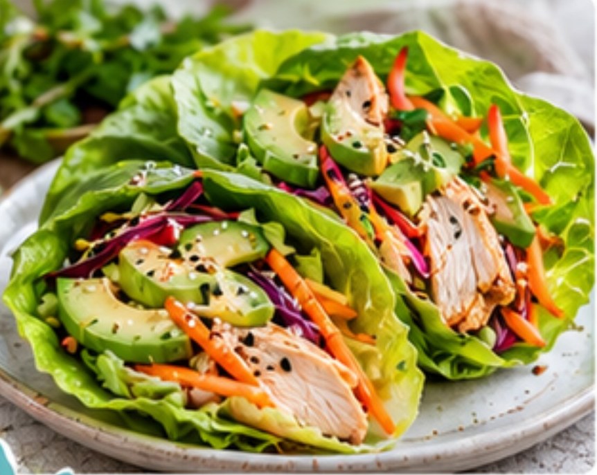 Wrap laitue poulet-avocat, crudités croquantes