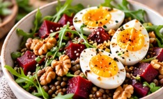 Salade tiède lentilles, œuf, betterave & noix