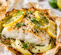 Papillote de cabillaud citron-aneth & fenouil rôti