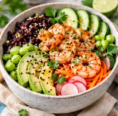 Buddha bowl crevettes, riz noir, avocat & concombre