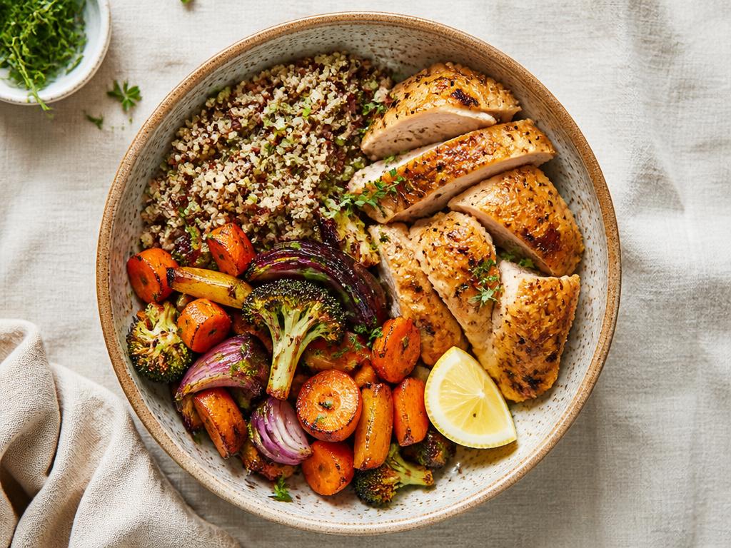 Bowl chaud poulet rôti, quinoa & légumes rôtis
