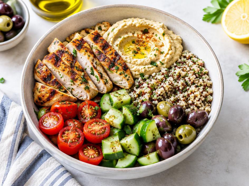 Bowl méditerranéen poulet, houmous, quinoa, tomates, concombre & olives