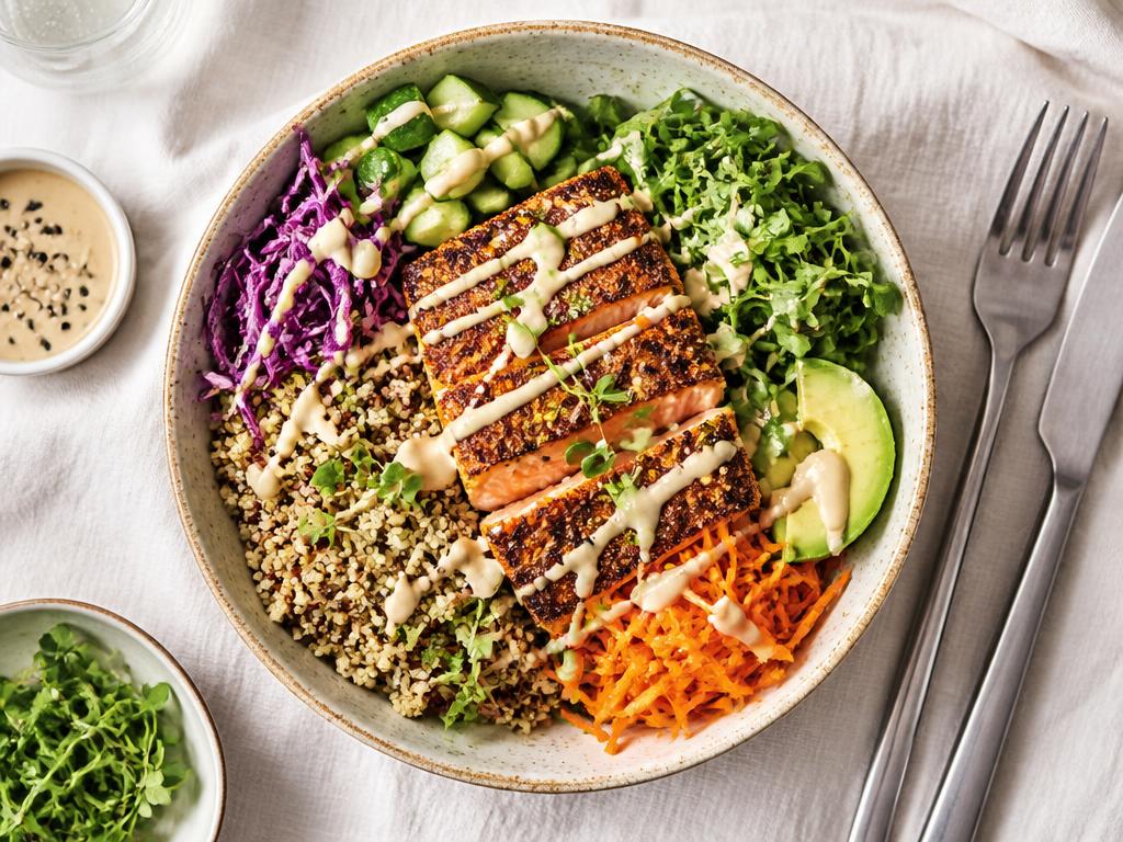 Bowl saumon croustillant, quinoa & tahini