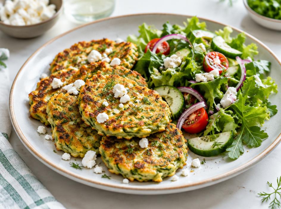 Galettes courgette-feta végétale & salade croquante