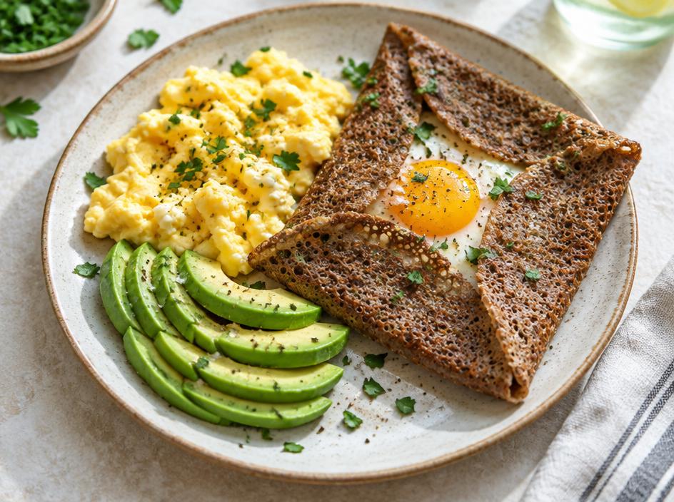 Œufs brouillés, avocat & galette de sarrasin