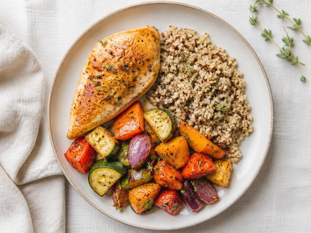 Poulet au four, légumes rôtis & quinoa