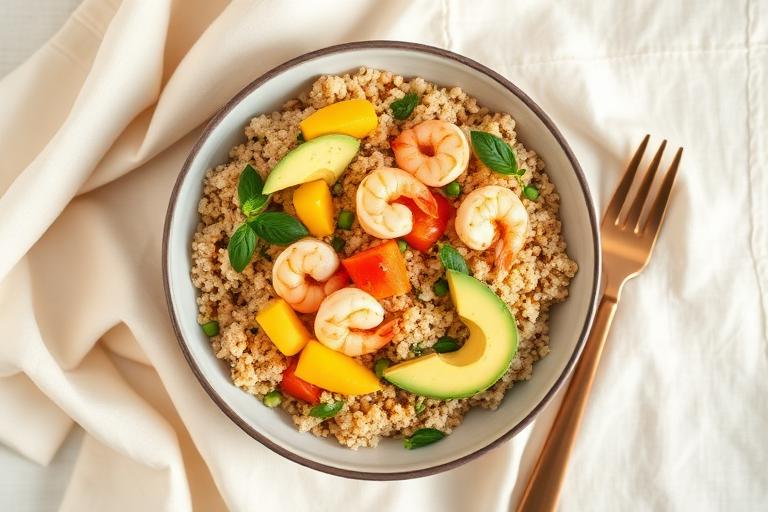 Salade quinoa, crevettes, avocat & mangue