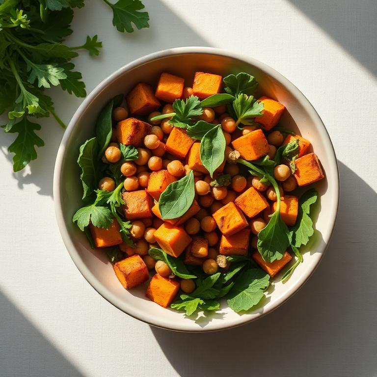 Salade tiède pois chiches, patate douce & roquette