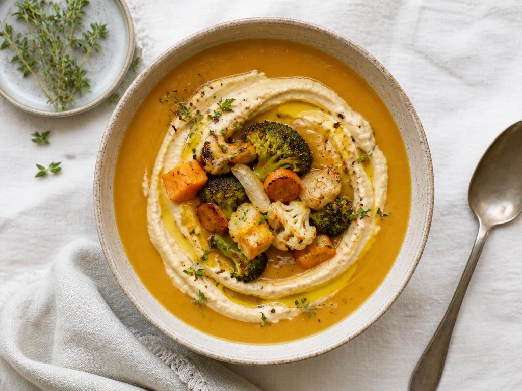 Soupe de légumes rôtis & houmous