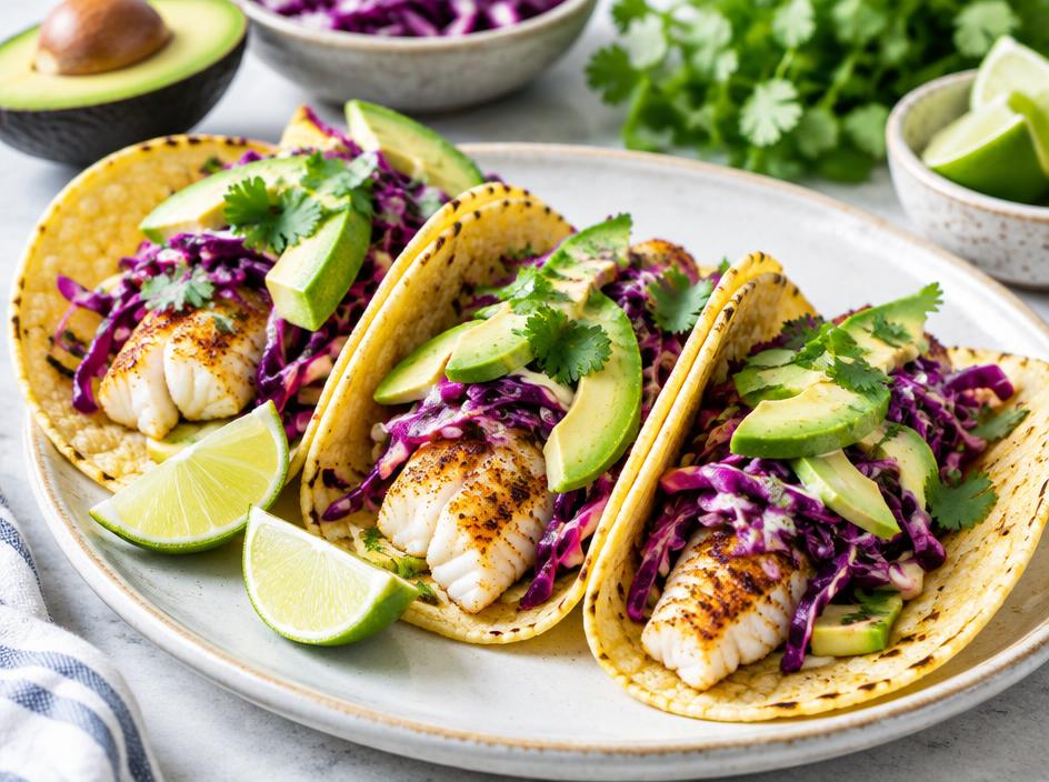 Tacos de maïs au poisson, chou rouge, avocat & citron vert