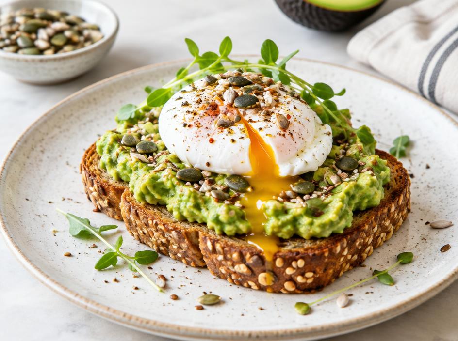 Tartine sans gluten avocat, œuf poché & graines