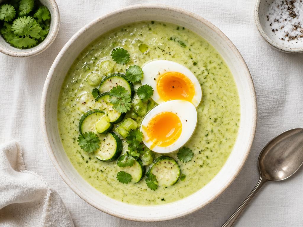 Velouté courgette-poireau-coco & œuf mollet